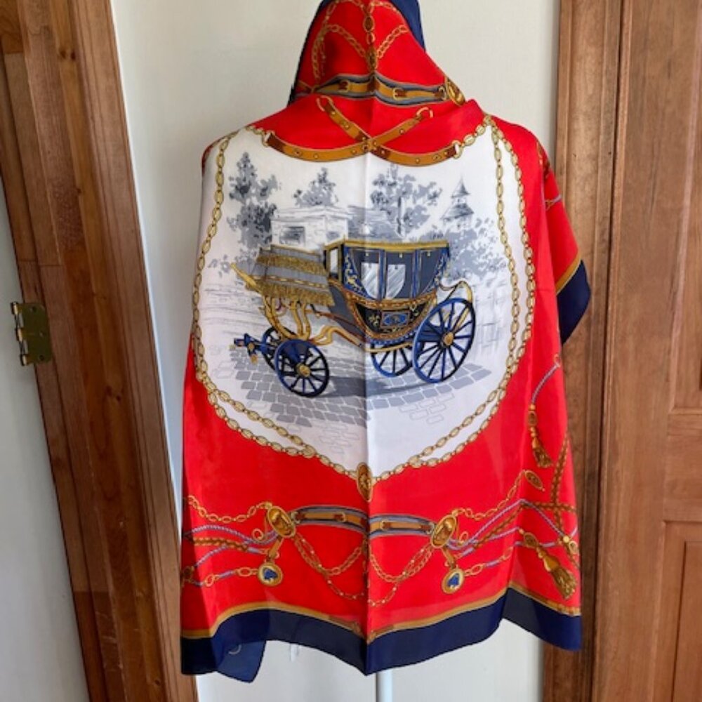 VINTAGE Stagecoach Carriage Print Red Blue Square Scarf